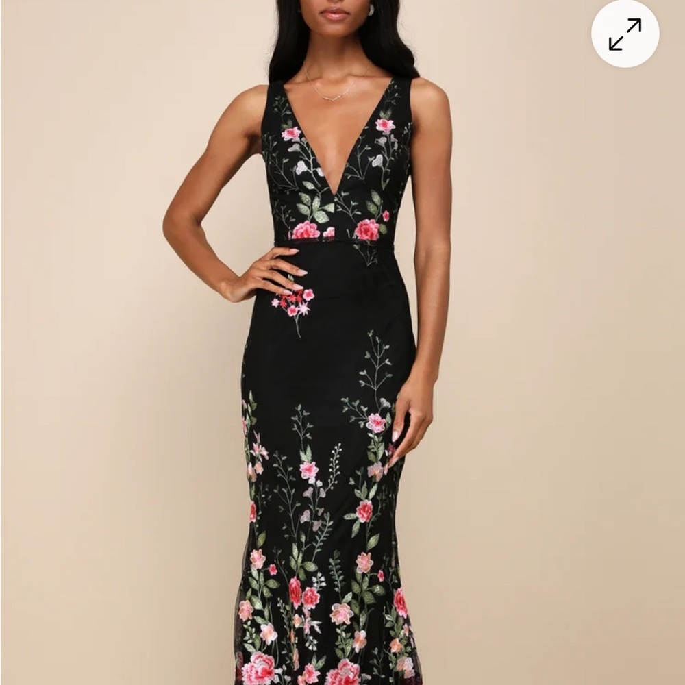 Floral Embroidered, Floor Length Black Dress